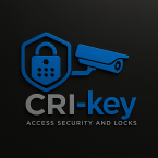CRI-key logo with shield, smart lock, and CCTV camera on dark background